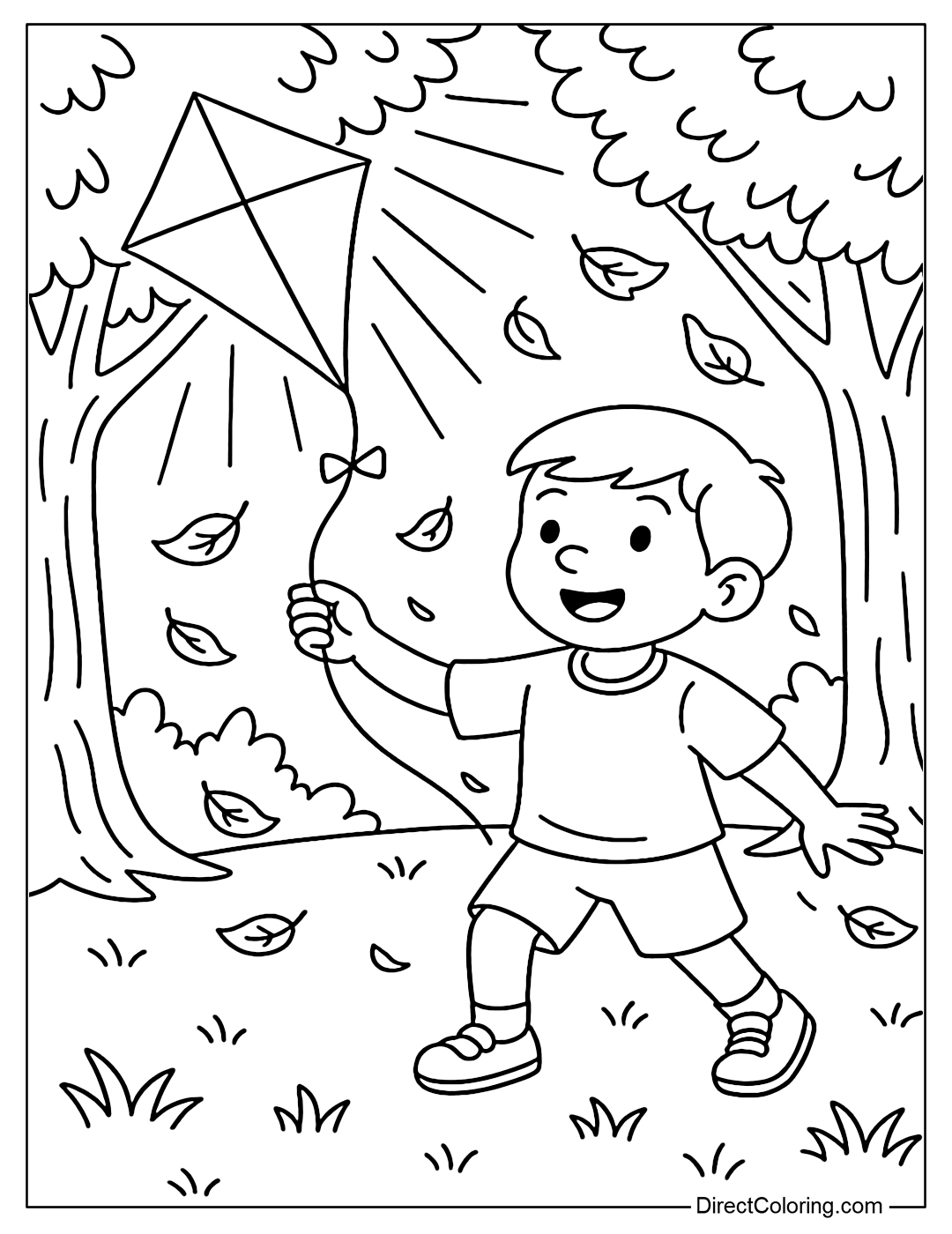 Kite flying coloring page in the middle of the forest clearing, falling leaves, sunlight shining through the trees.